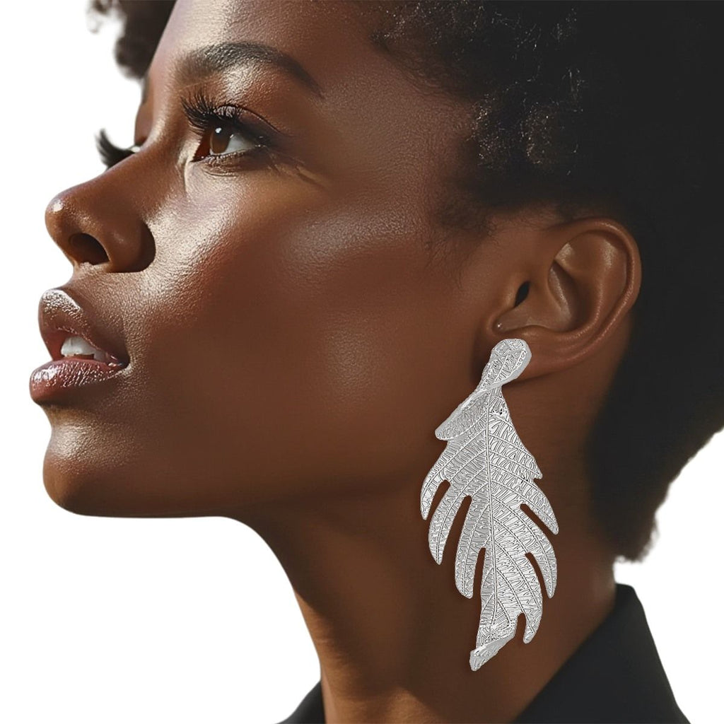 Stud Elongated Silver Twisted Leaf Organic Earrings