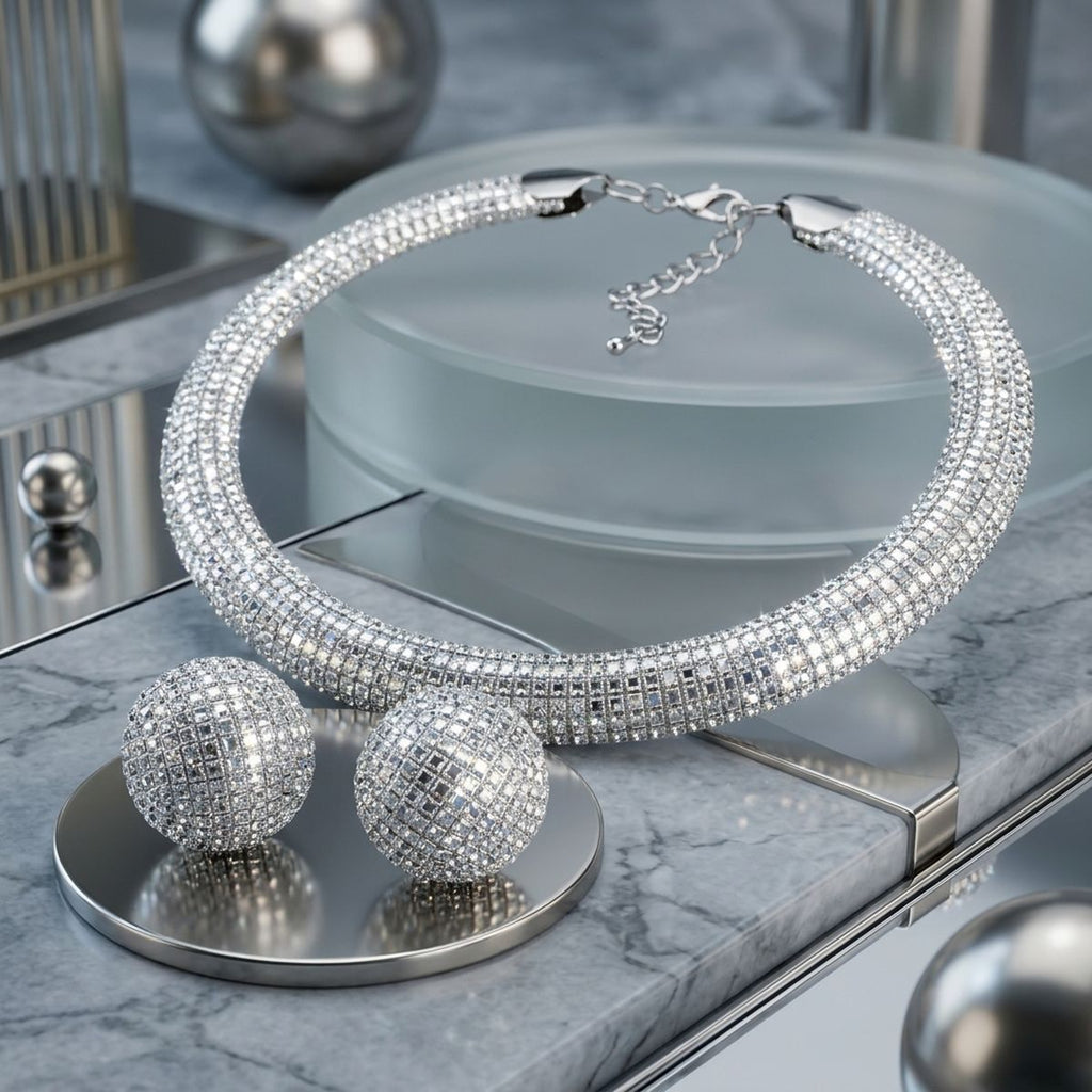 Silver Clear Stone 6 Row Disco Ball Collar Necklace