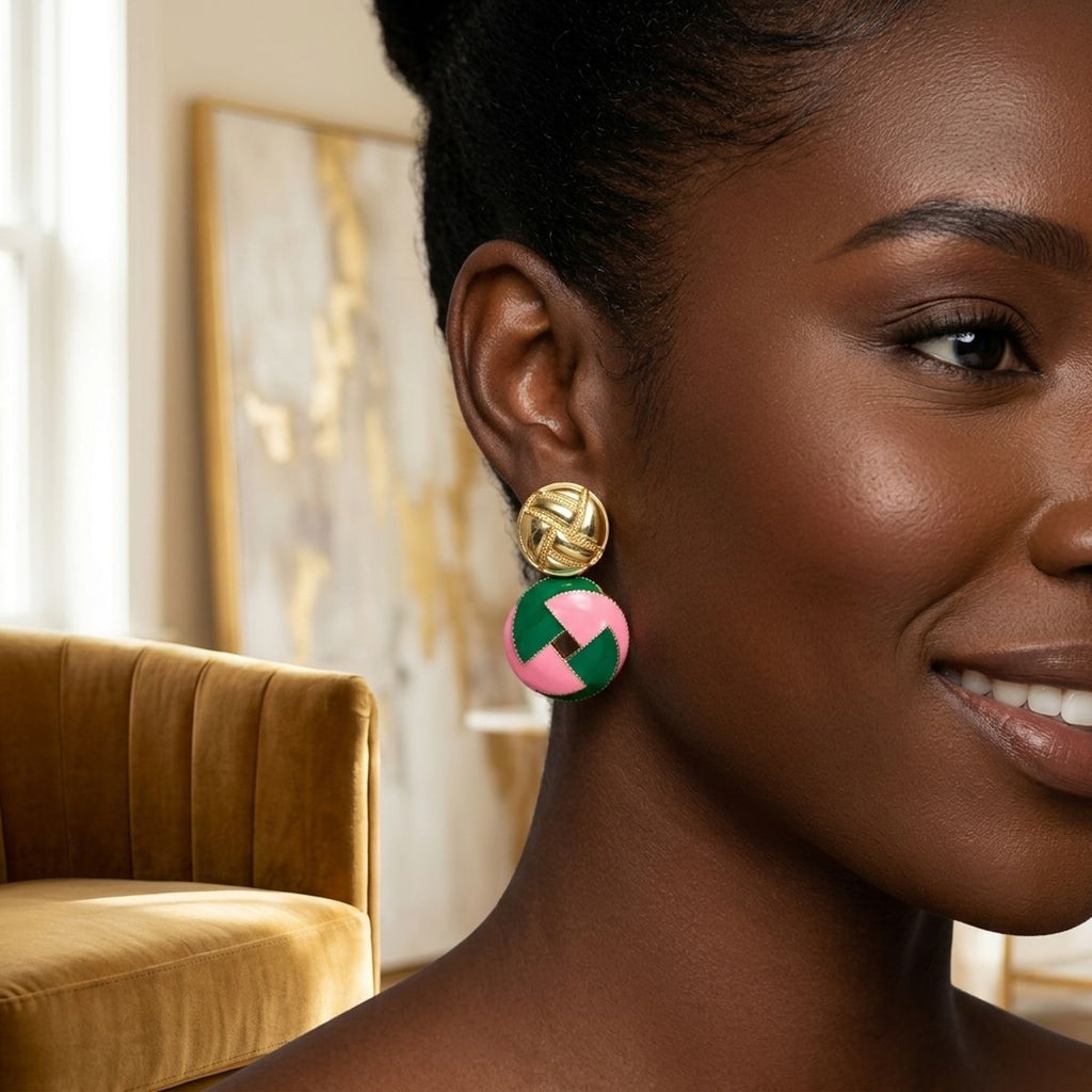 14K Gold Pink Green AKA Domed Woven Drop Earrings