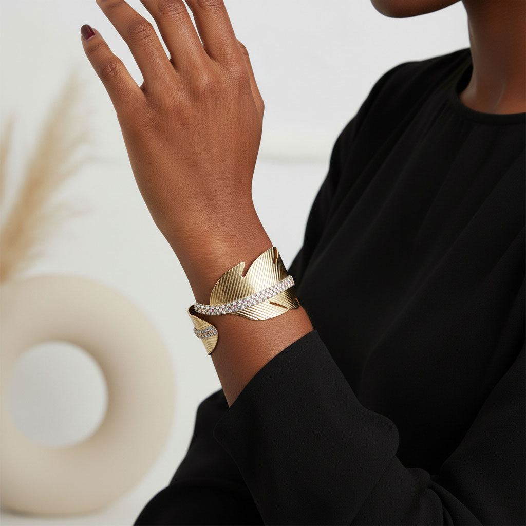Cuff Gold Leaf Motif Shimmering Stone Bracelet