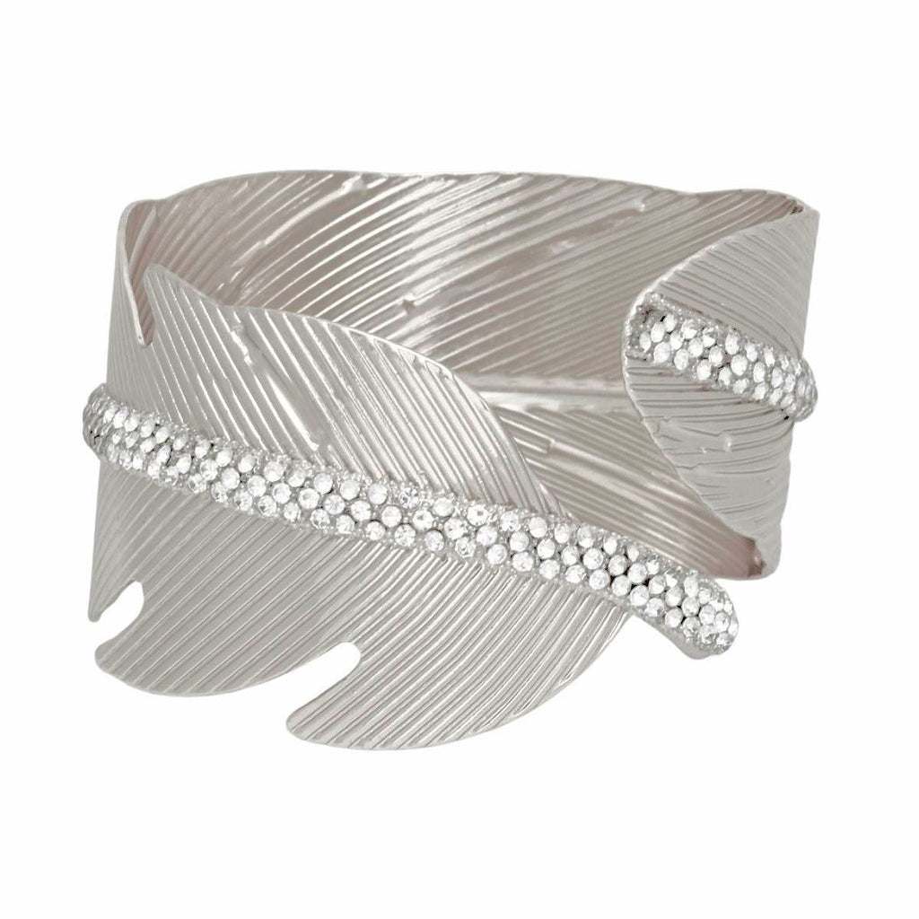 Cuff Silver Leaf Motif Shimmering Stone Bracelet