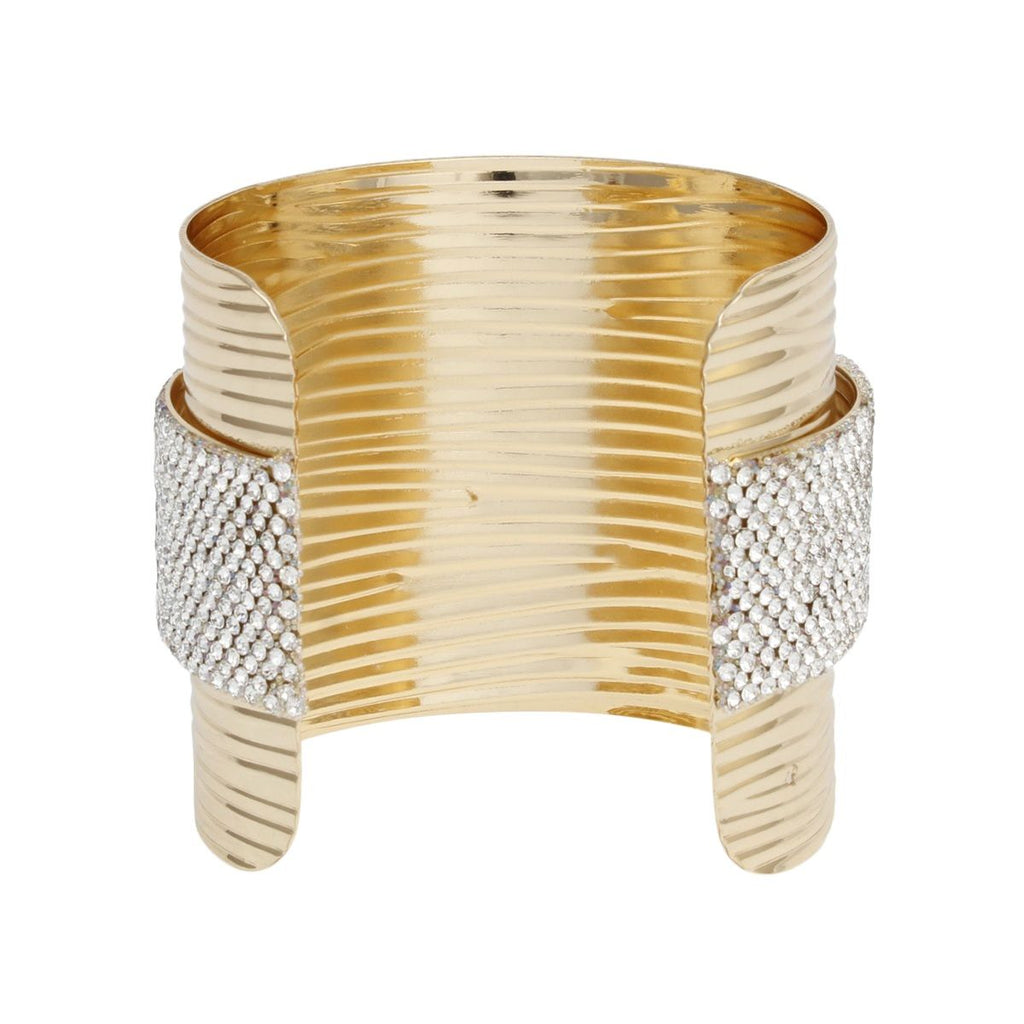 Cuff Gold Ribbed Clear Rhinestone Band Bracelet
