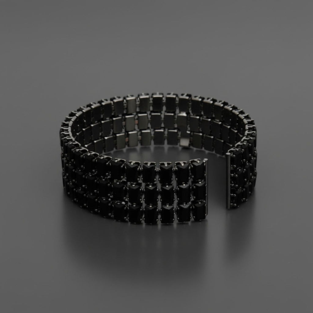 Cuff Baguette CZ 3 Row Black Memory Wire Bracelet