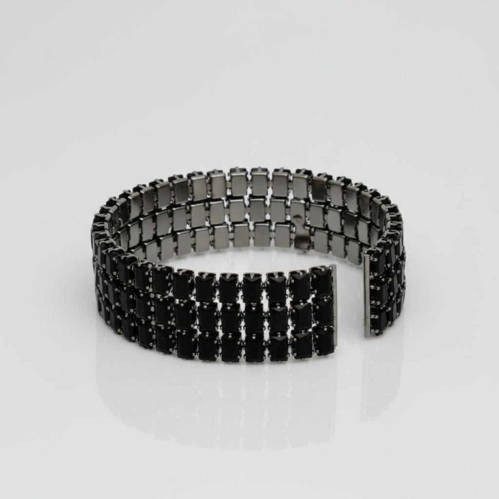 Cuff Baguette CZ 3 Row Black Memory Wire Bracelet