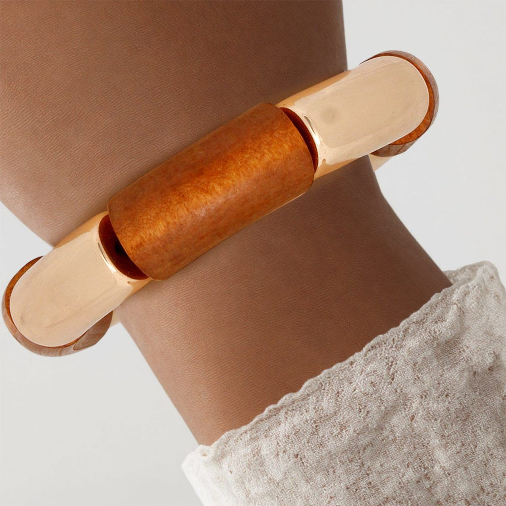 Wood Bead Brown and Gold Tubular Stretch Bracelet