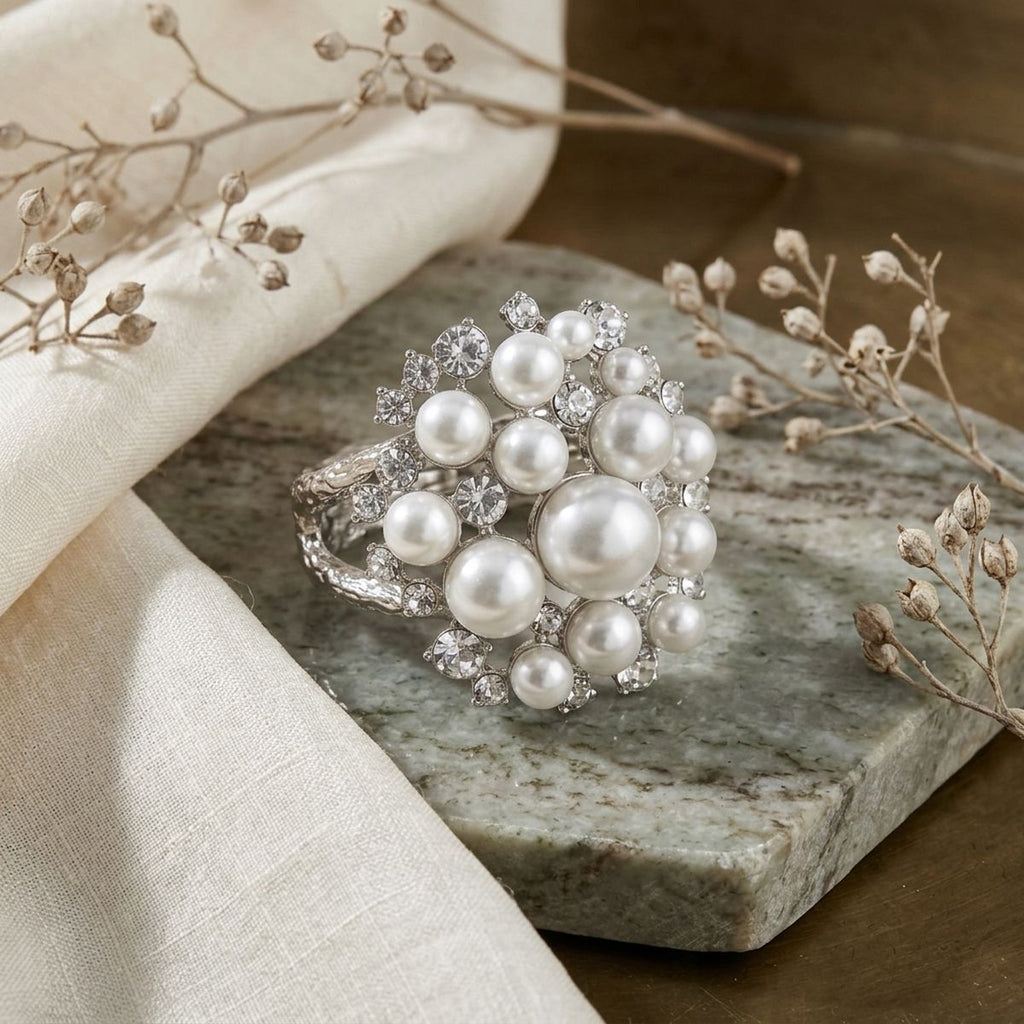Cuff White Pearl and Crystal Ornate Bracelet