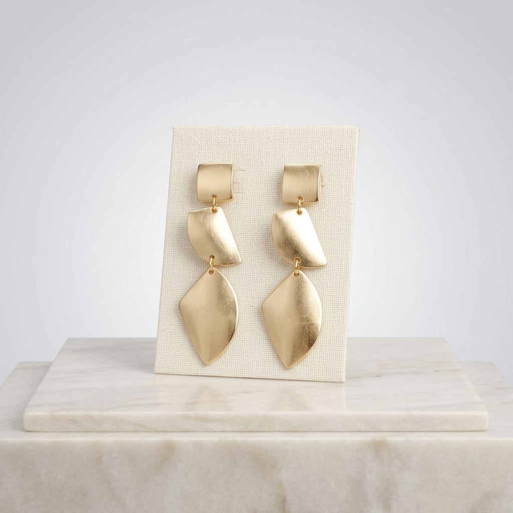Clip On Brushed Gold Geometric Dangle Earrings