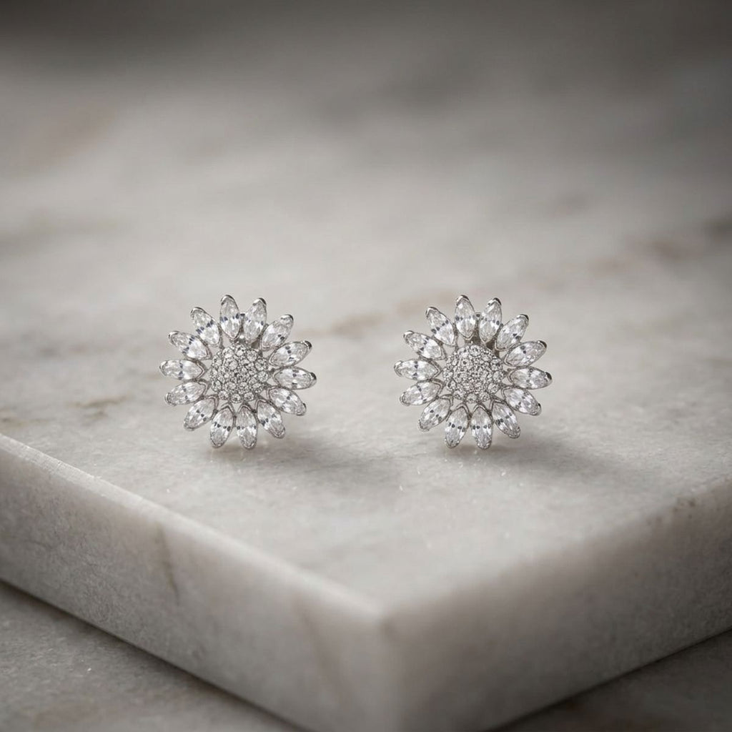 Clip On Silver Glass Crystal Sunflower Earrings