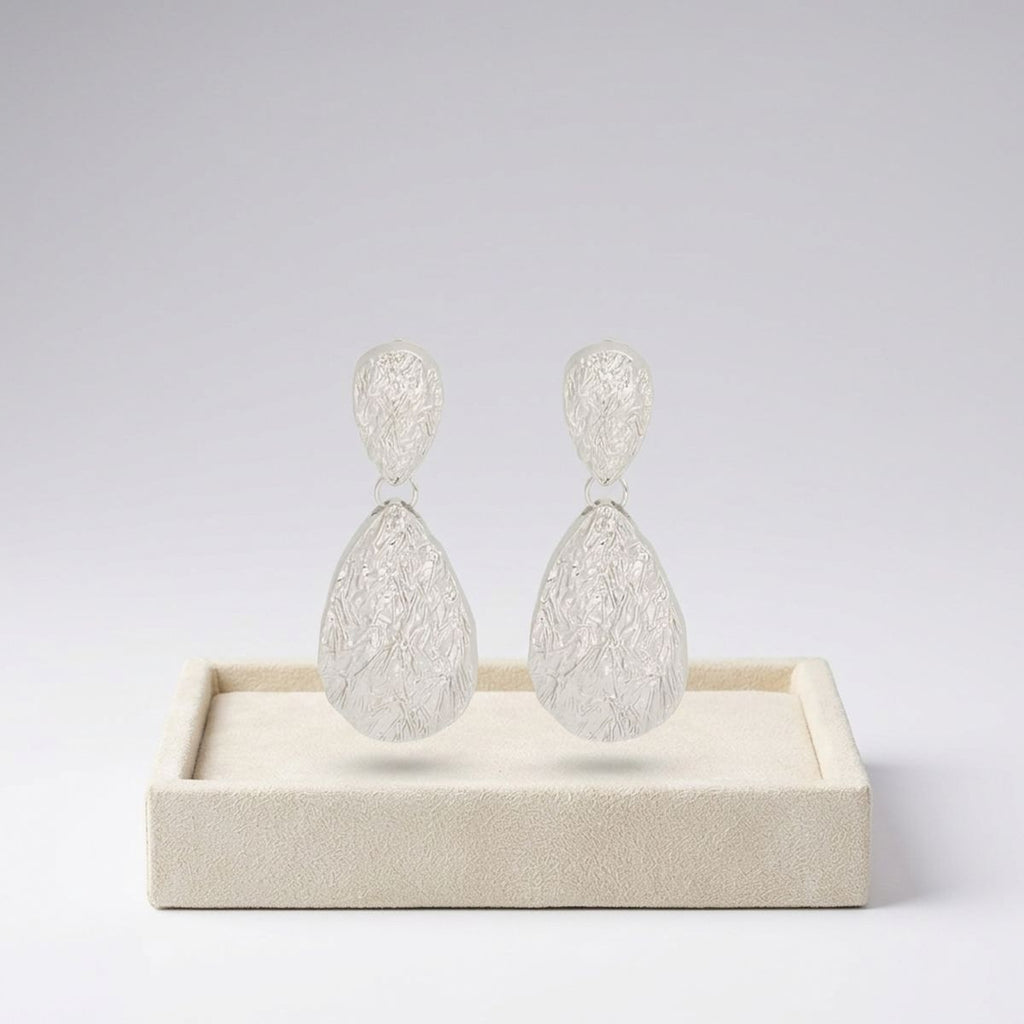 Clip On Double Teardrop Melted Silver Earrings