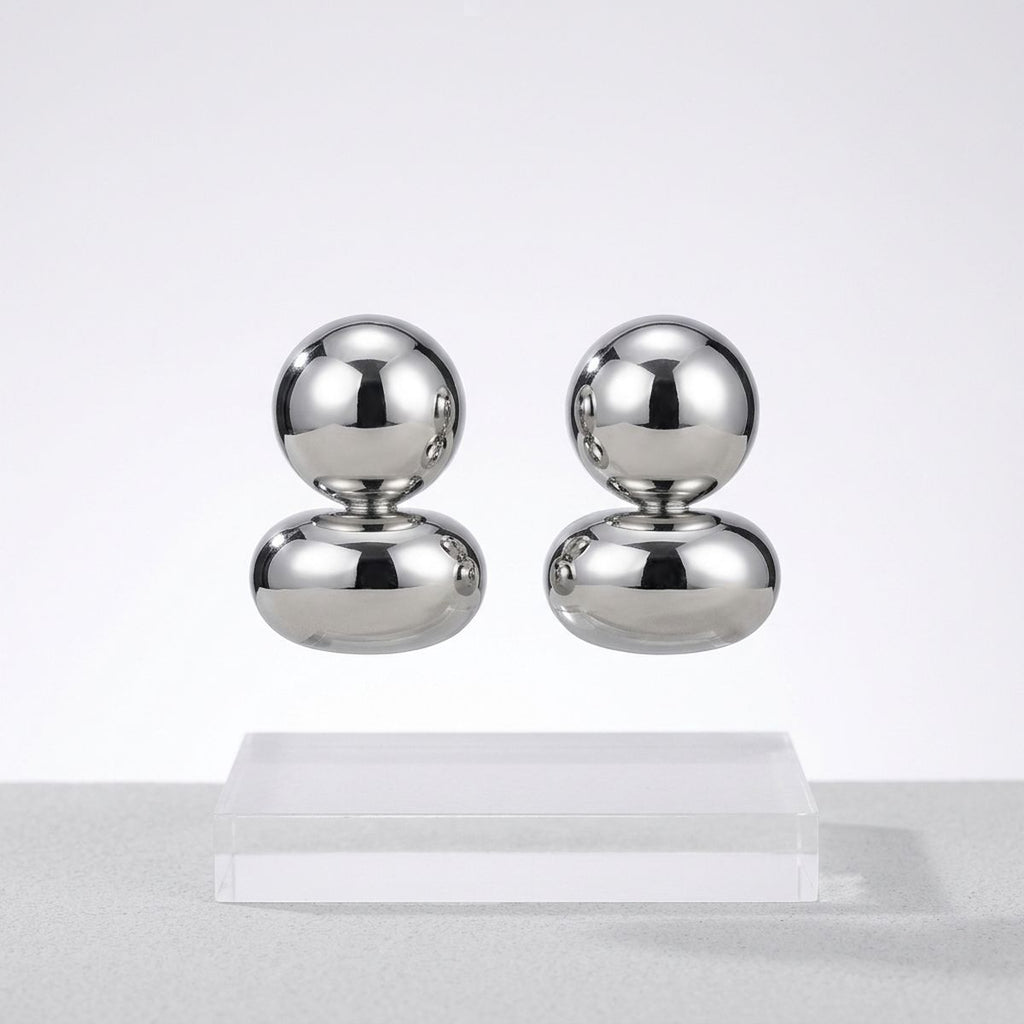 Silver Clip On Stacked Double Dome Chunky Earrings