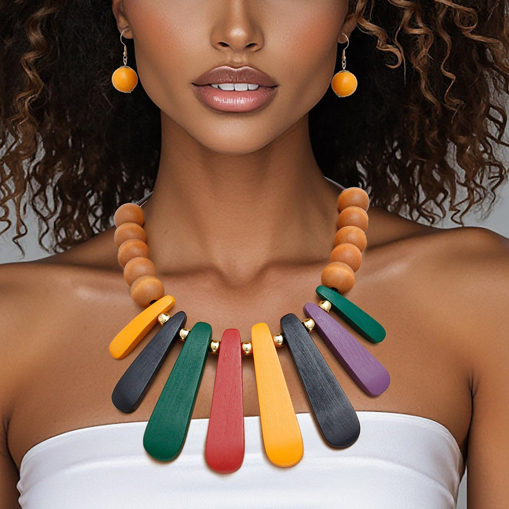 Bib Refined Tribal Multi Wood Curved Bead Necklace