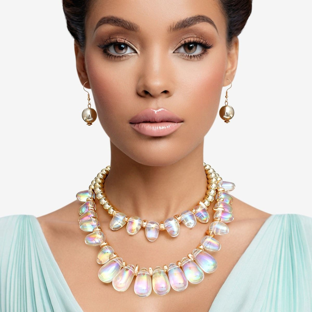 Beaded Clear Iridescent Teardrop Bead Necklace