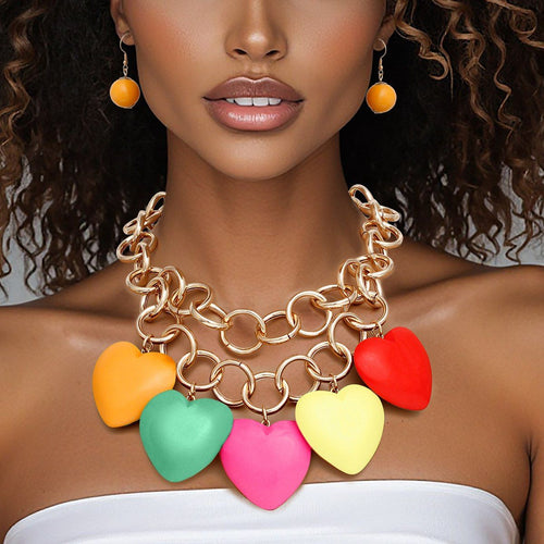 Bib Chunky Rainbow Wooden Heart Bead Necklace