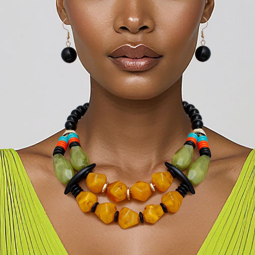Beaded Mustard Stone Ethnic Chic Layered Necklace