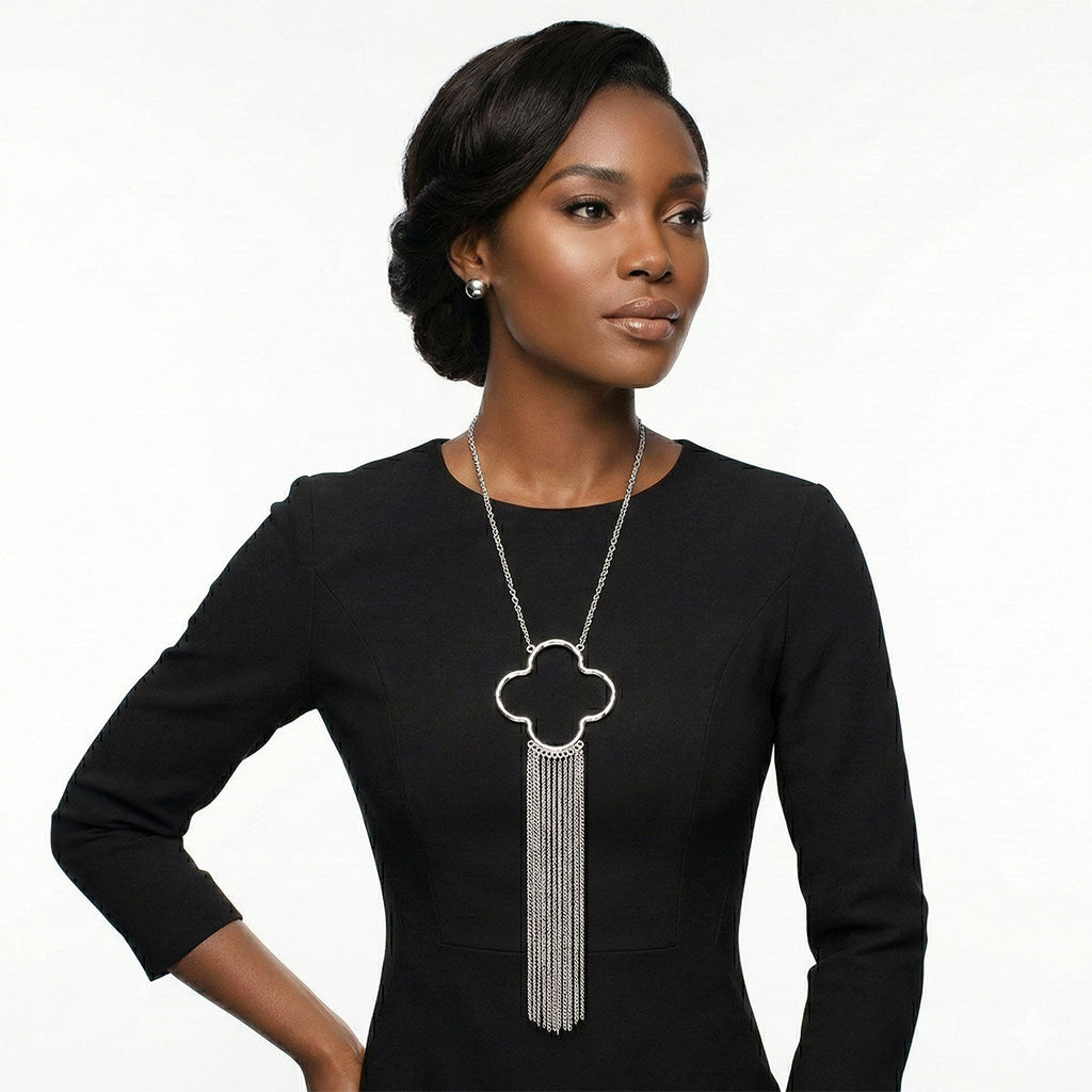 Pendant Silver Trending Quatrefoil Fringe Necklace