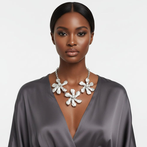 Bib Matte Silver Chunky Floral Organic Necklace