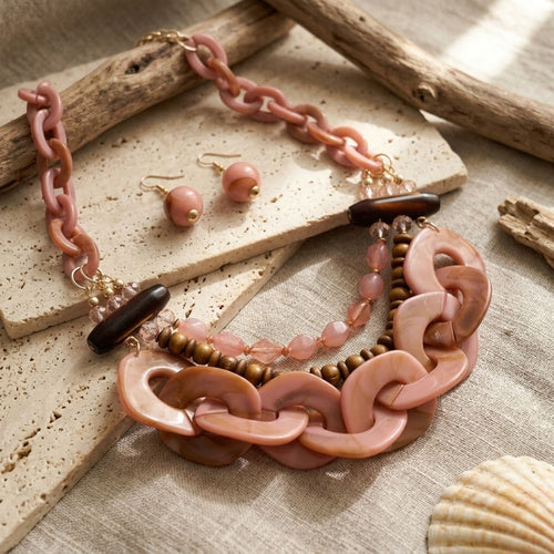 Blush Pink Bib Wood Bead and Link Layer Necklace