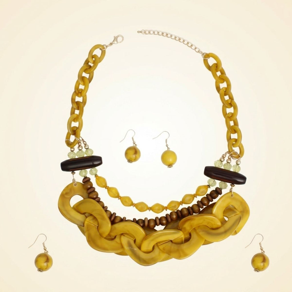 Yellow Bib Wood Bead and Link Layer Necklace