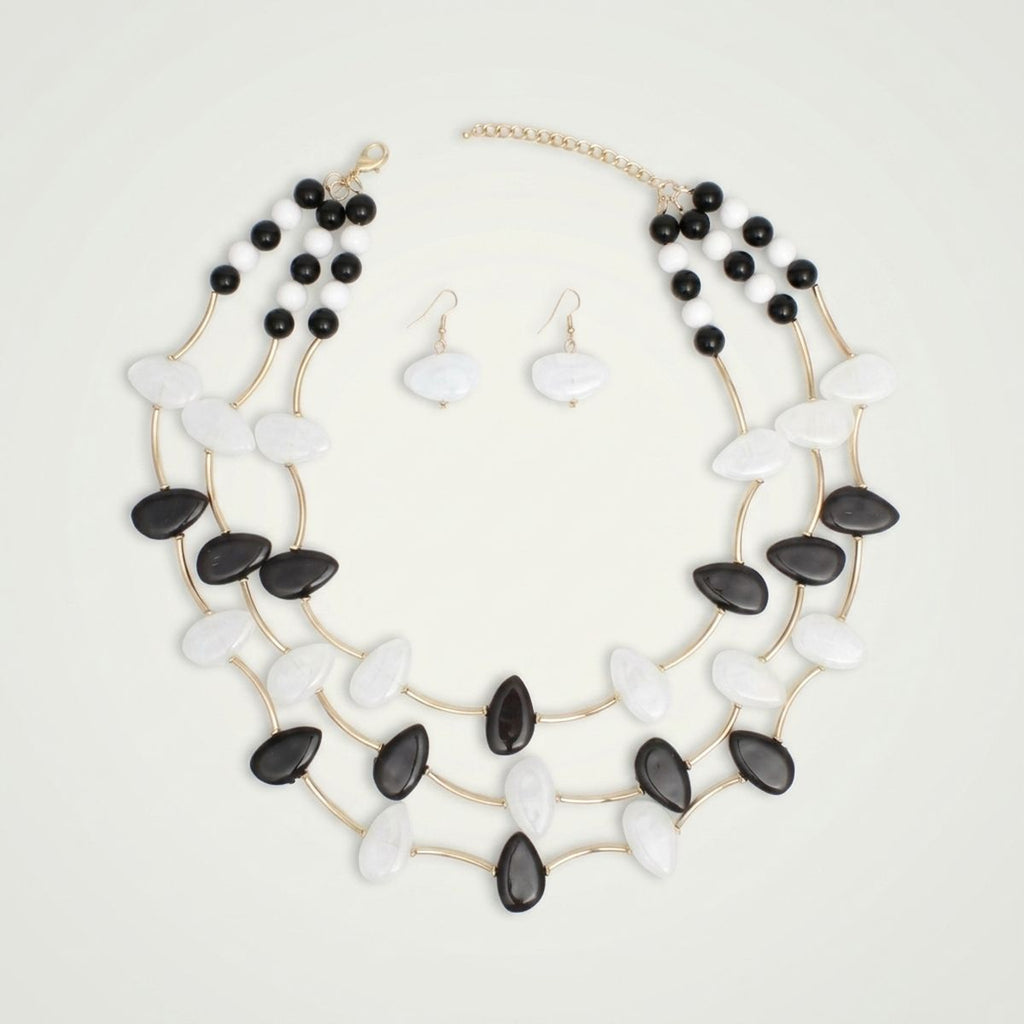 Layered Black and White Gold Tube Bead Necklace
