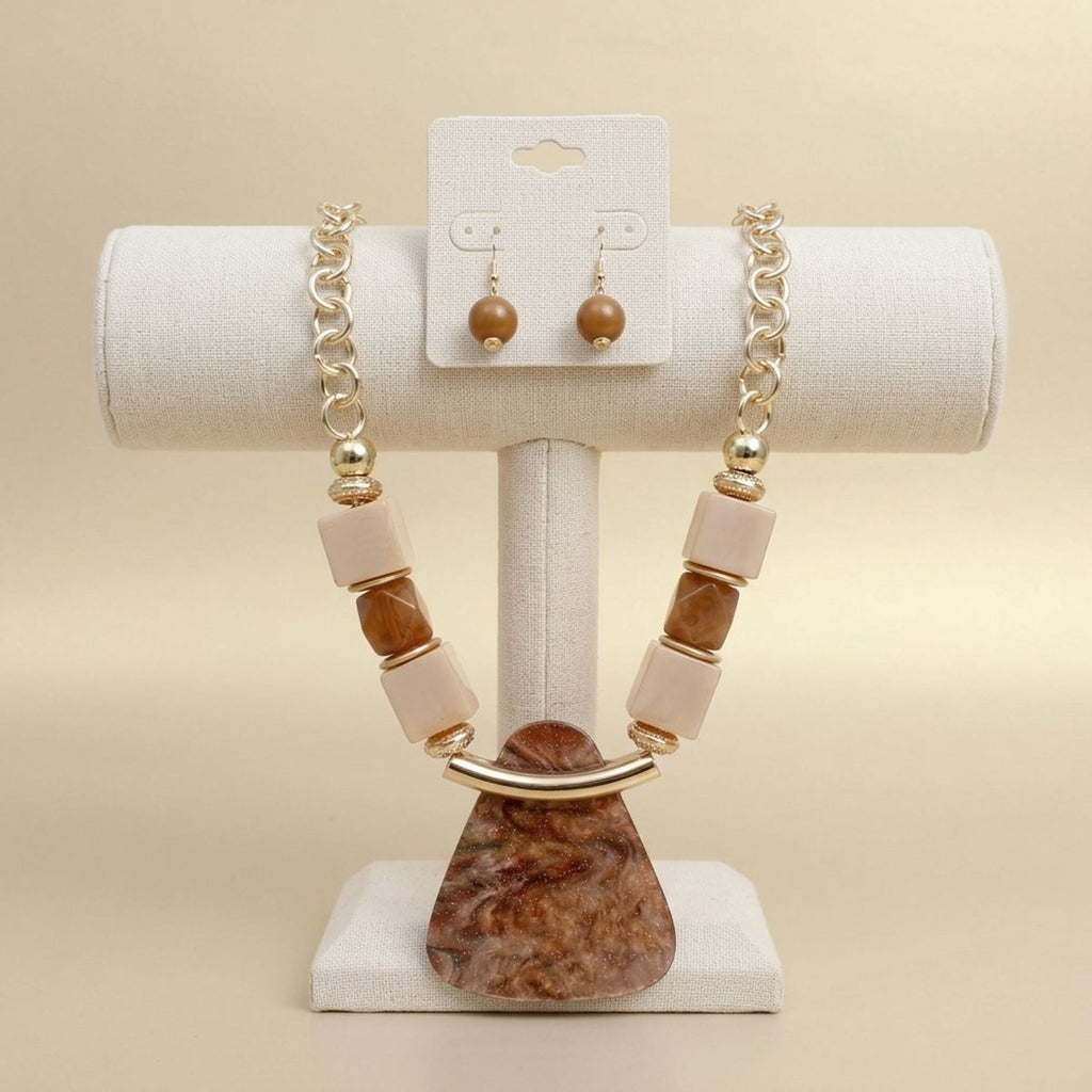 Brown Geometric Pendant Marbled Modern Necklace