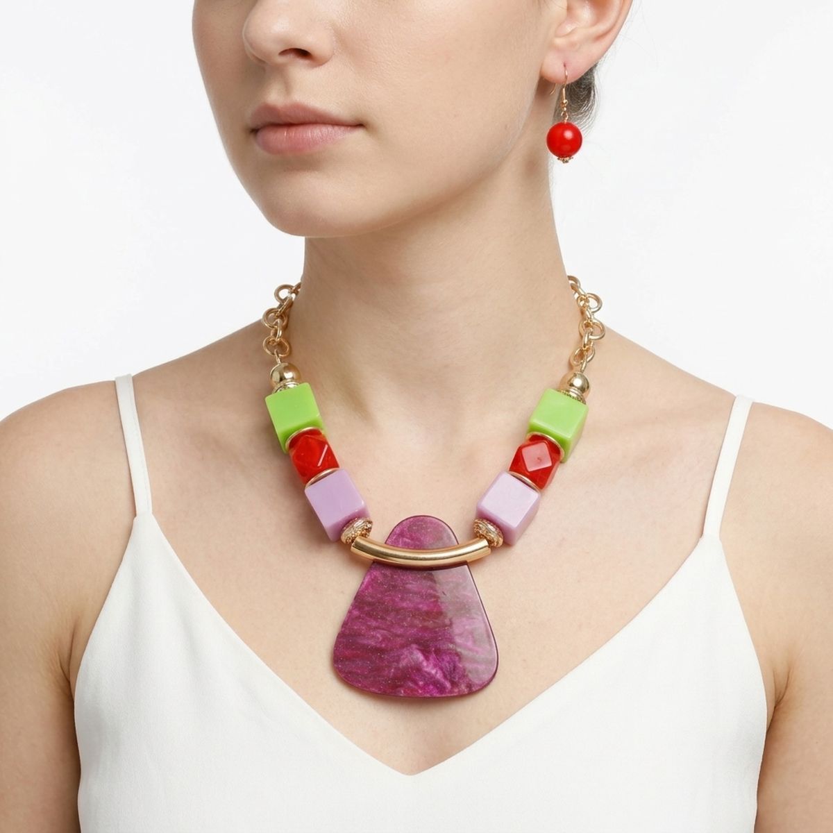 Multi Geometric Pendant Marbled Modern Necklace