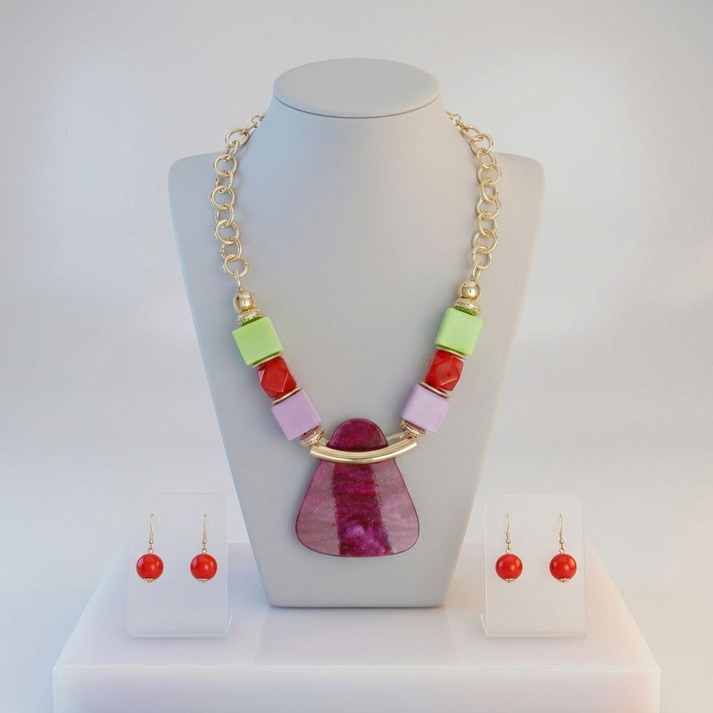 Multi Geometric Pendant Marbled Modern Necklace