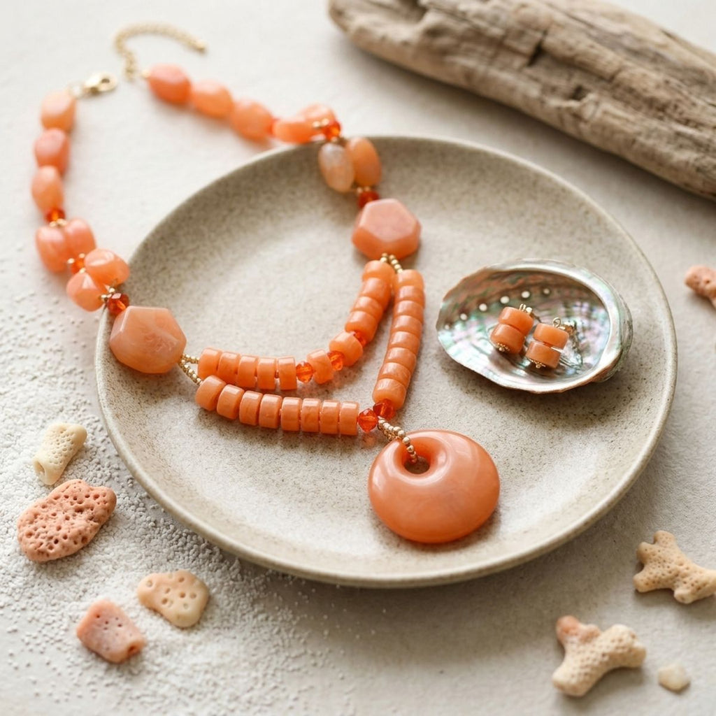 Long Coral Orange Chunky Beaded Pendant Necklace
