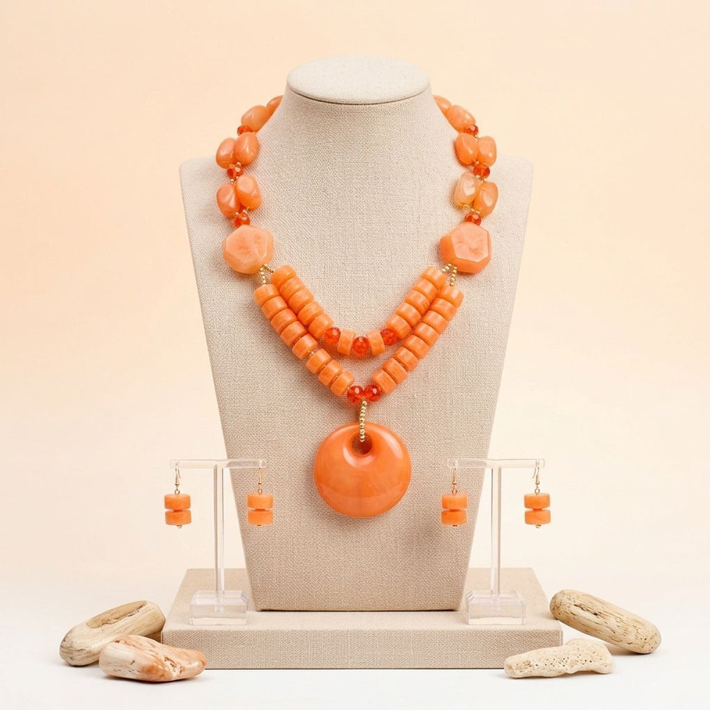 Long Coral Orange Chunky Beaded Pendant Necklace