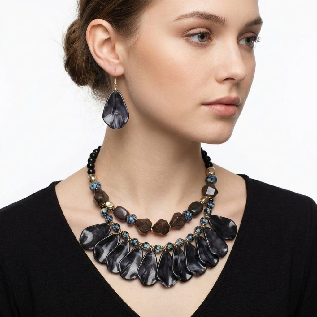 Midnight Marbled Black Teardrop Bead Bib Necklace