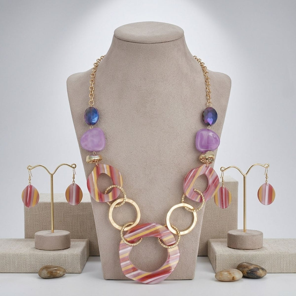 Long Fuchsia Stripe Mixed Elements Link Necklace