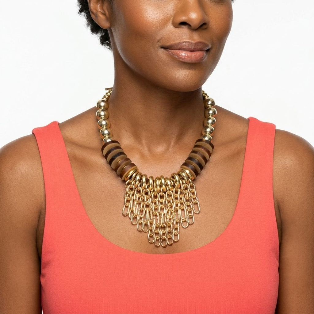 Bib Gold Chain Link Fringe and Wood Bead Necklace