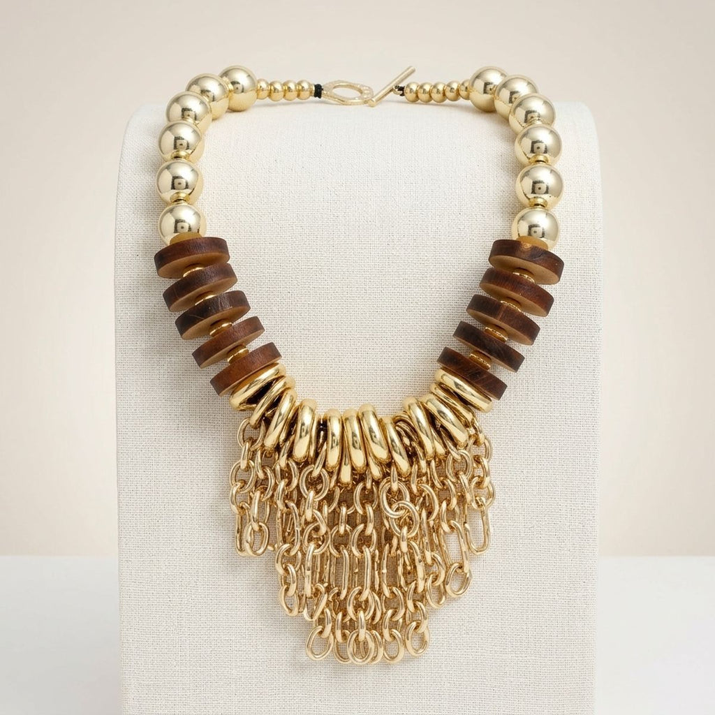 Bib Gold Chain Link Fringe and Wood Bead Necklace