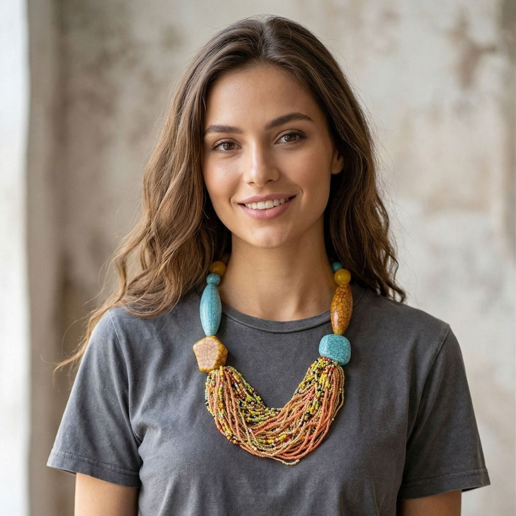 Vibrant Retro Seed Bead and Cracked Bead Necklace