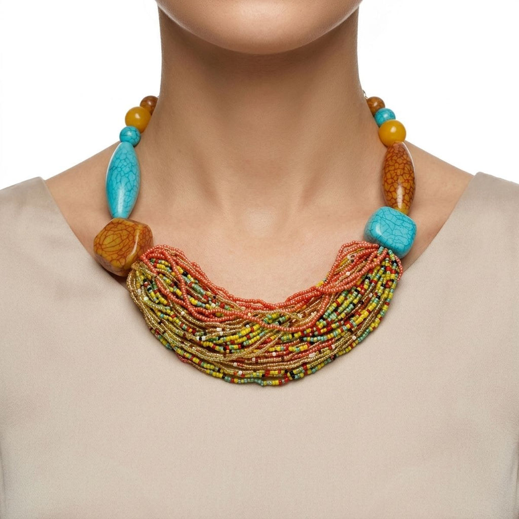 Vibrant Retro Seed Bead and Cracked Bead Necklace