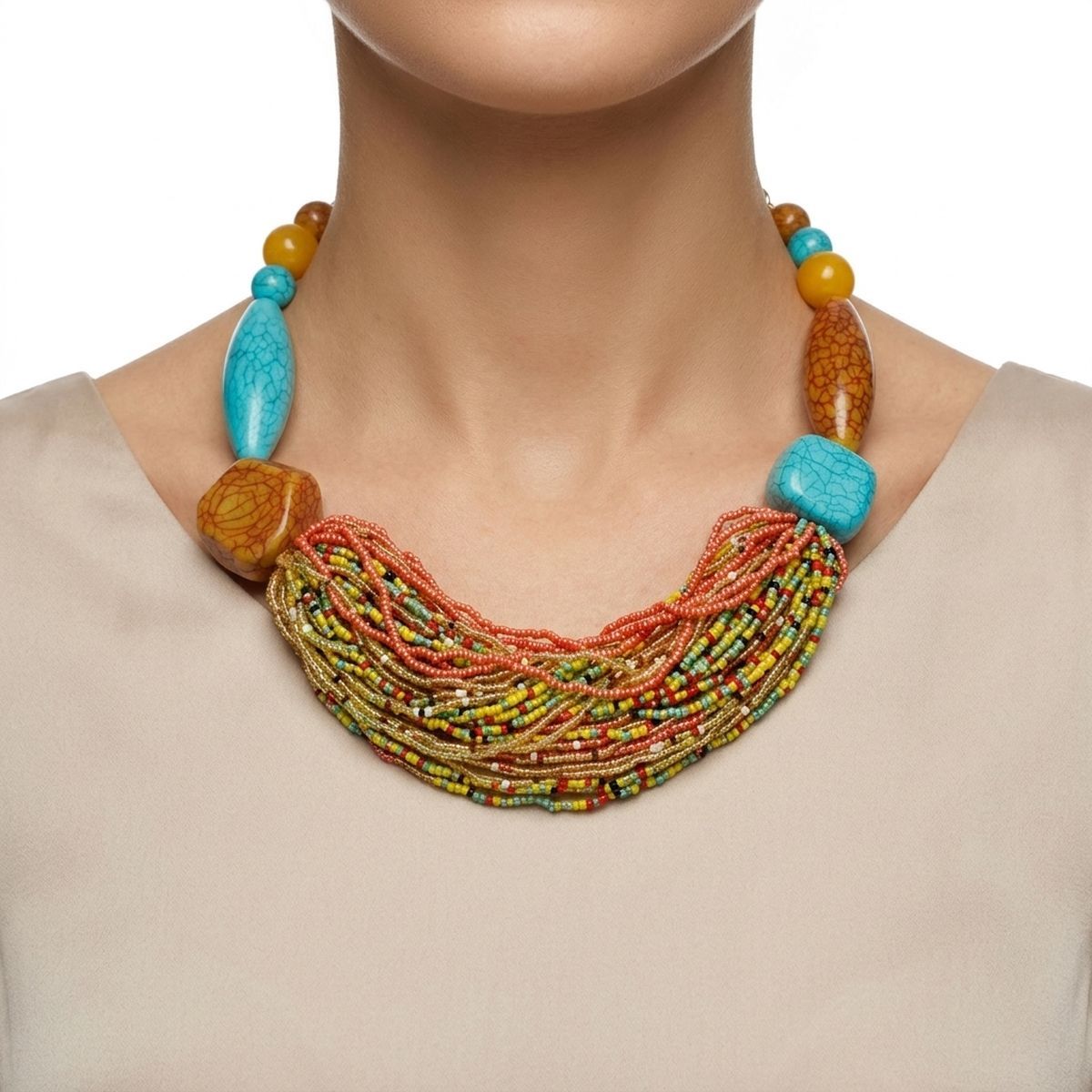 Vibrant Retro Seed Bead and Cracked Bead Necklace