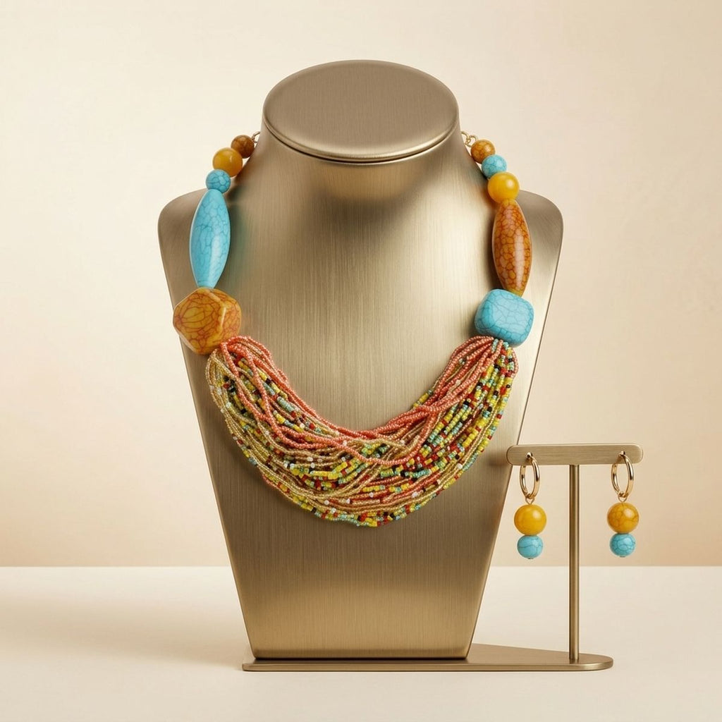Vibrant Retro Seed Bead and Cracked Bead Necklace