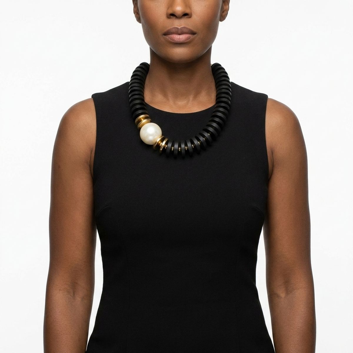 Beaded Black Wood Disc Milky Pearl Chunky Necklace
