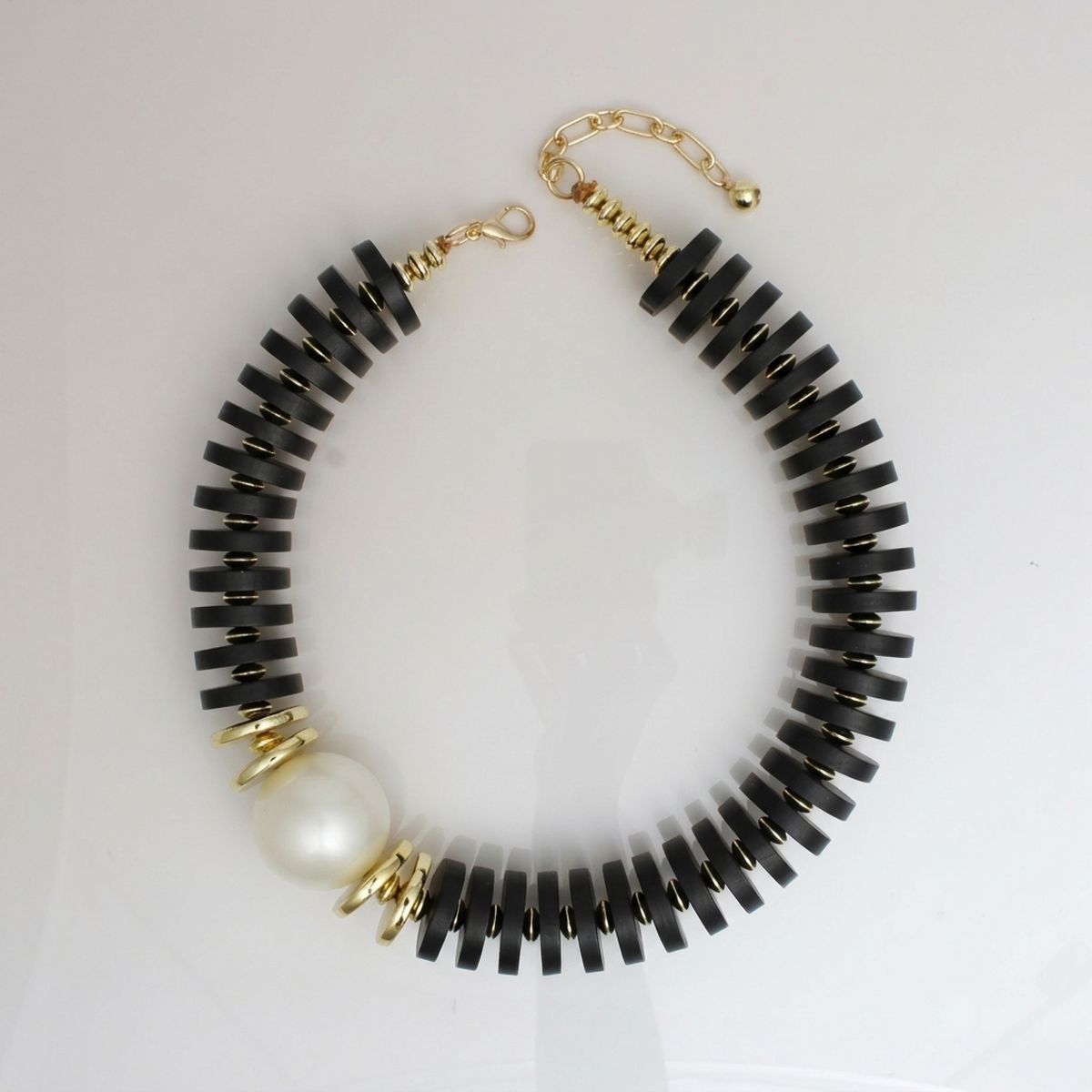 Beaded Black Wood Disc Milky Pearl Chunky Necklace