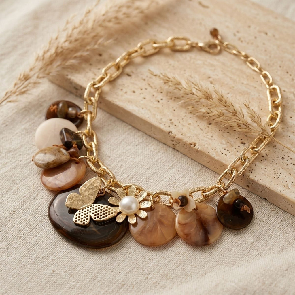 Bib Earthy Brown Discs Butterfly Flower Necklace
