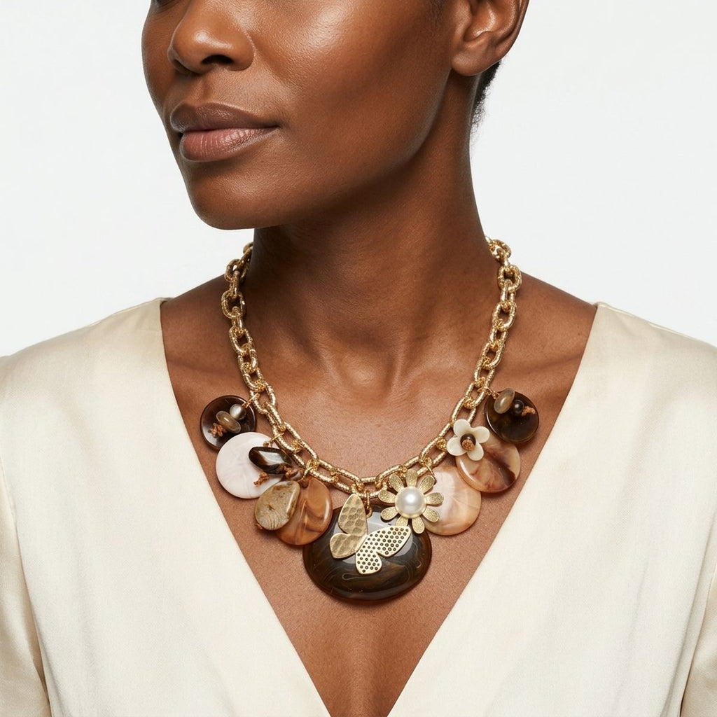 Bib Earthy Brown Discs Butterfly Flower Necklace