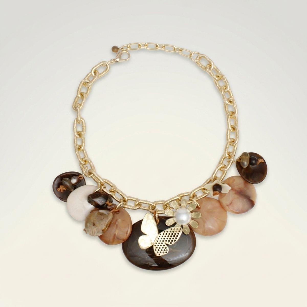 Bib Earthy Brown Discs Butterfly Flower Necklace