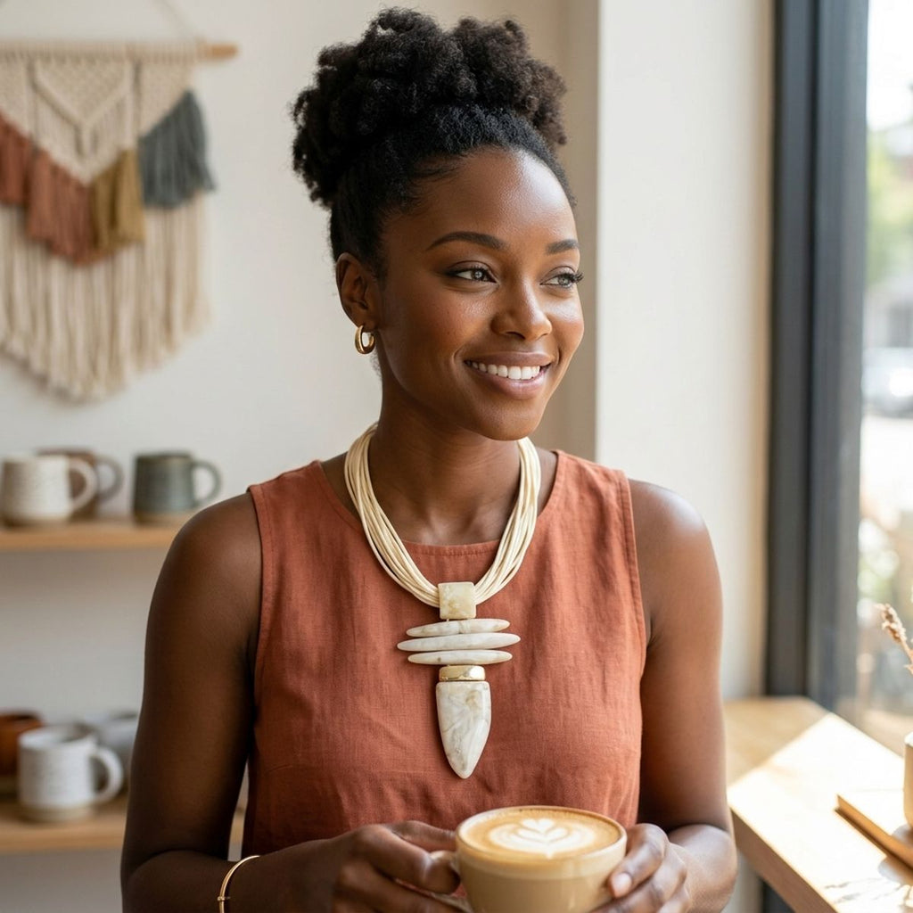 Ivory Marbled Horn Pendant Multi Cord Necklace