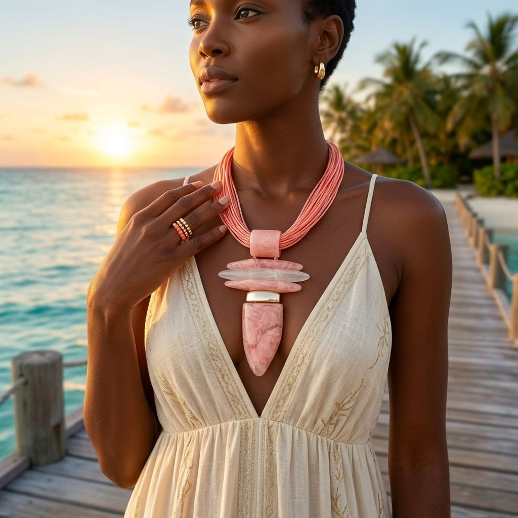 Pink Marbled Horn Pendant Multi Cord Necklace
