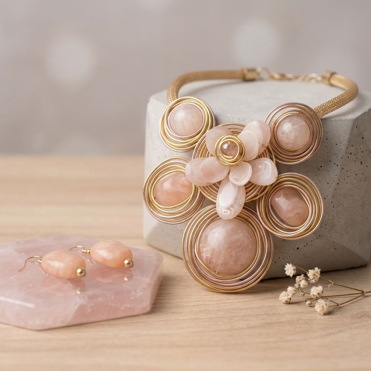 Soft Pink Flower Wire Wrapped Bead Bib Necklace