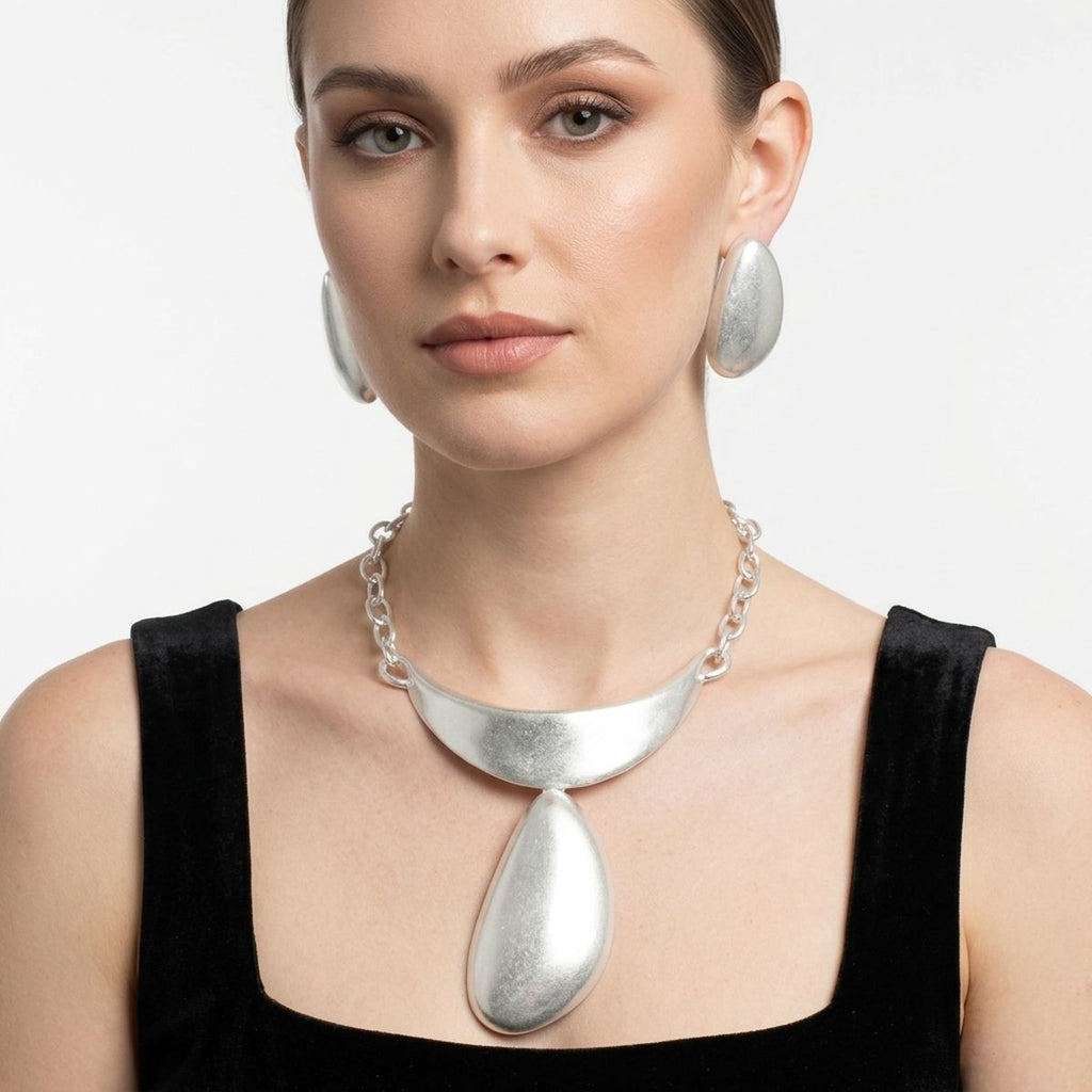 Sculpted Teardrop Pendant Matte Silver Necklace