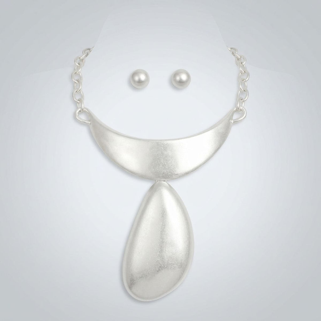 Sculpted Teardrop Pendant Matte Silver Necklace