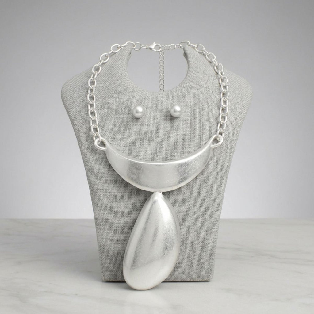 Sculpted Teardrop Pendant Matte Silver Necklace