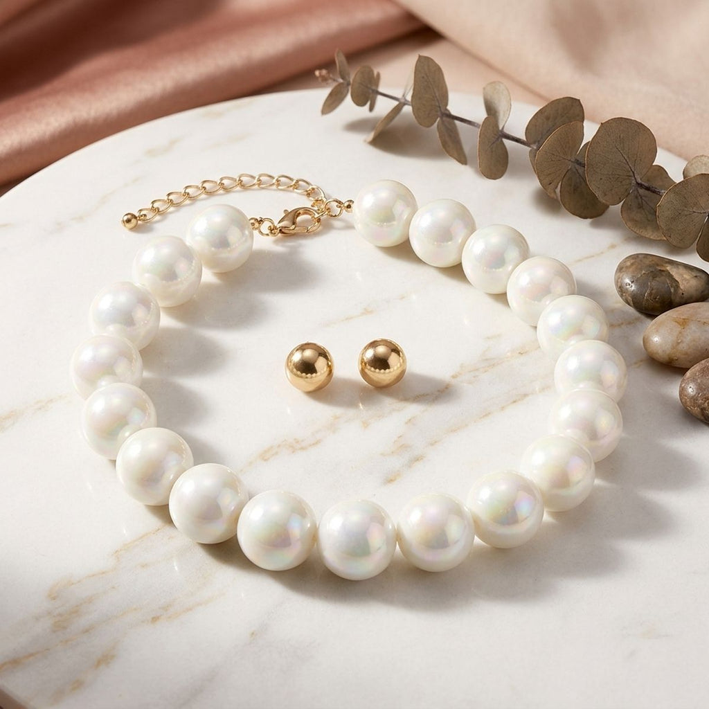 High Gloss Pearlescent White 24mm Bead Necklace
