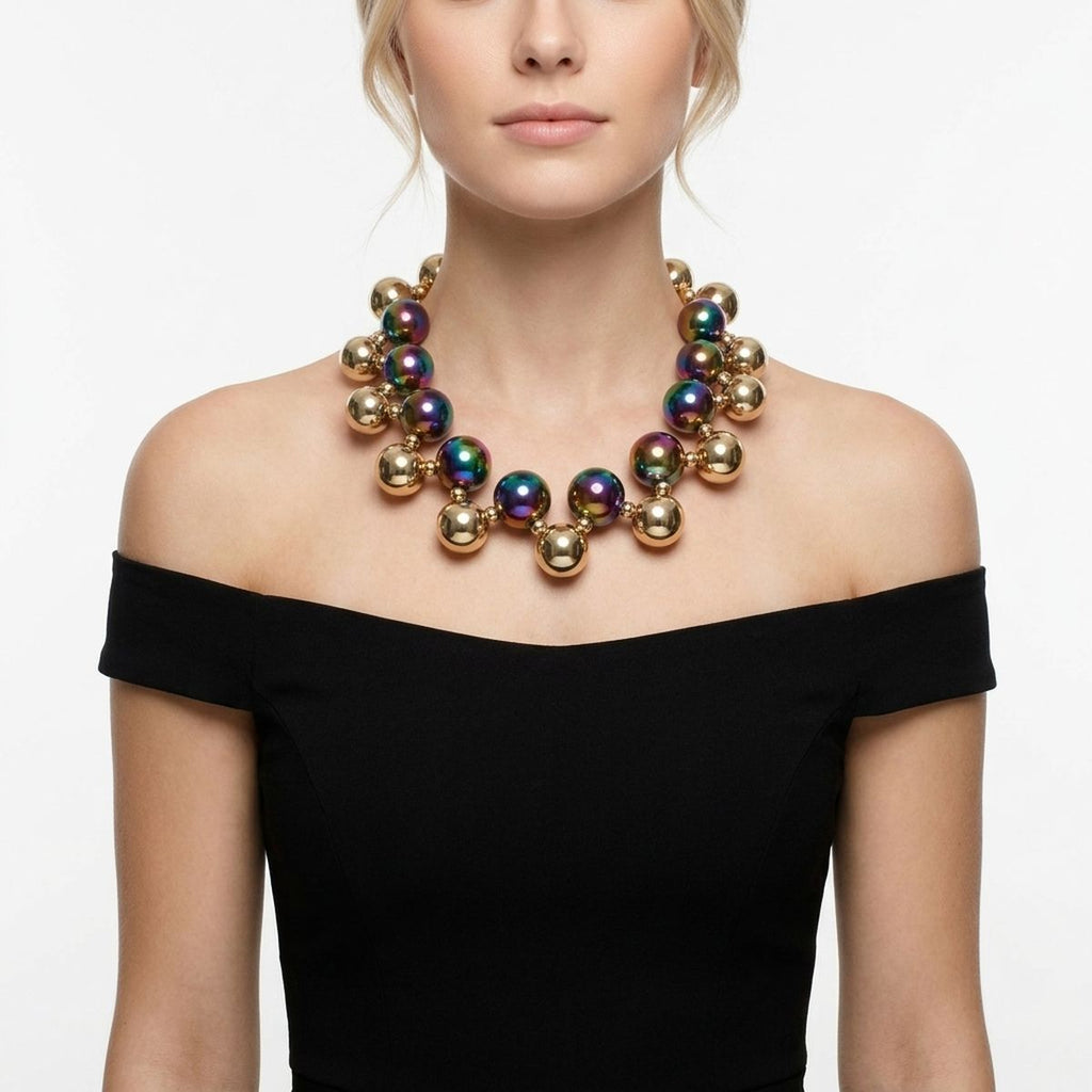 Necklace Black Iridescent Gold Bubble Ball Bead