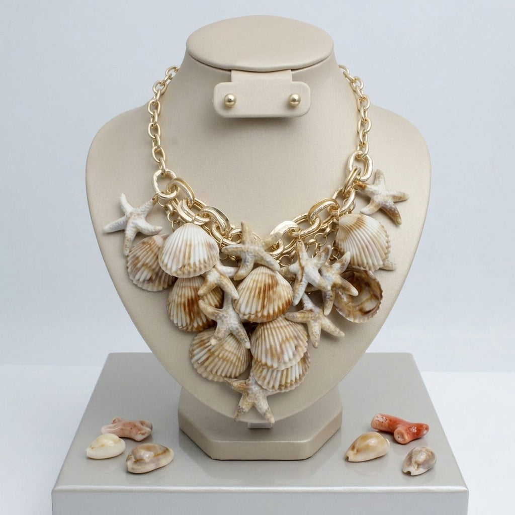 Shell and Starfish Bib Seaside Drop Gold Necklace